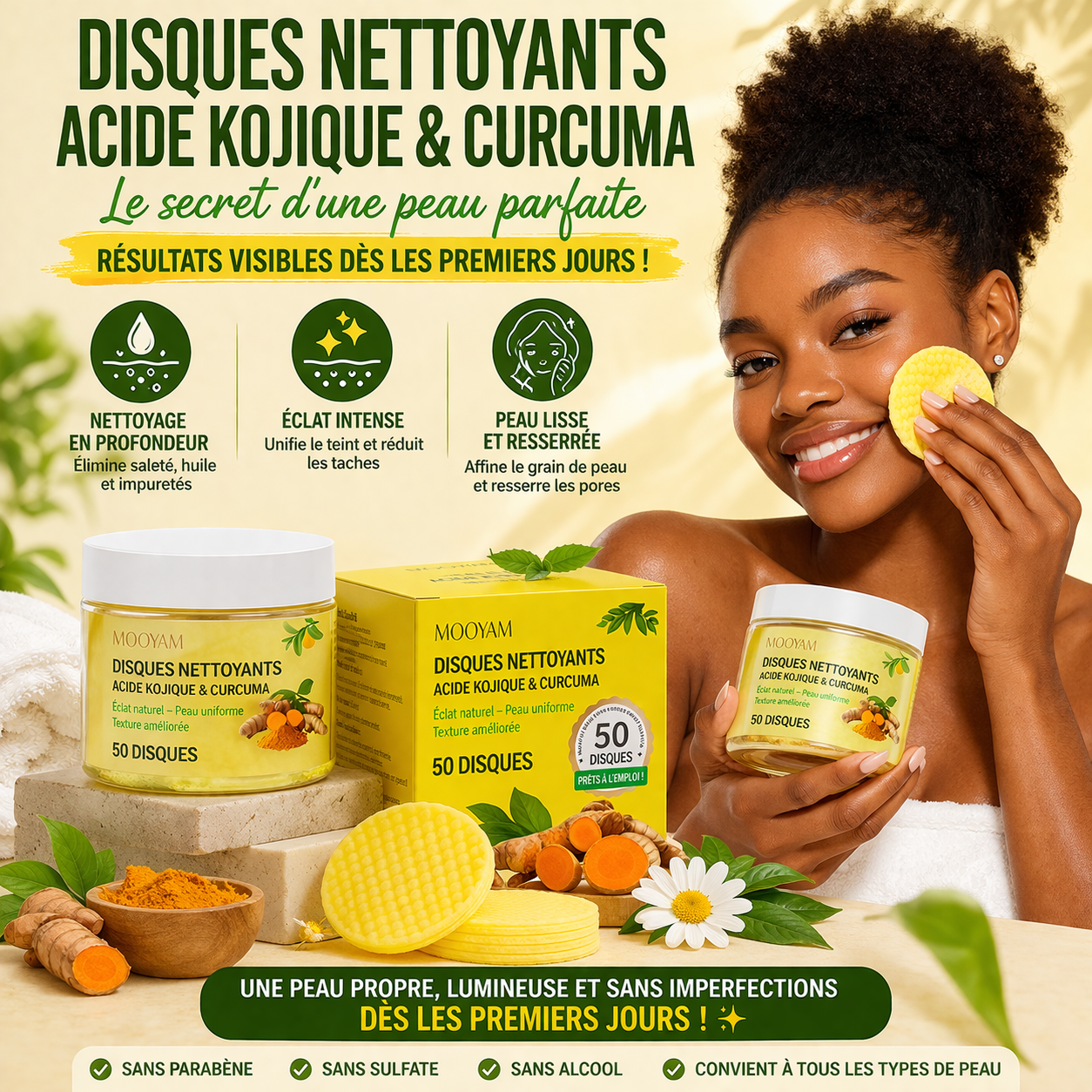 Disques Nettoyants Acide Kojique & Curcuma Peau Claire et Sans Taches dès les Premiers Jours