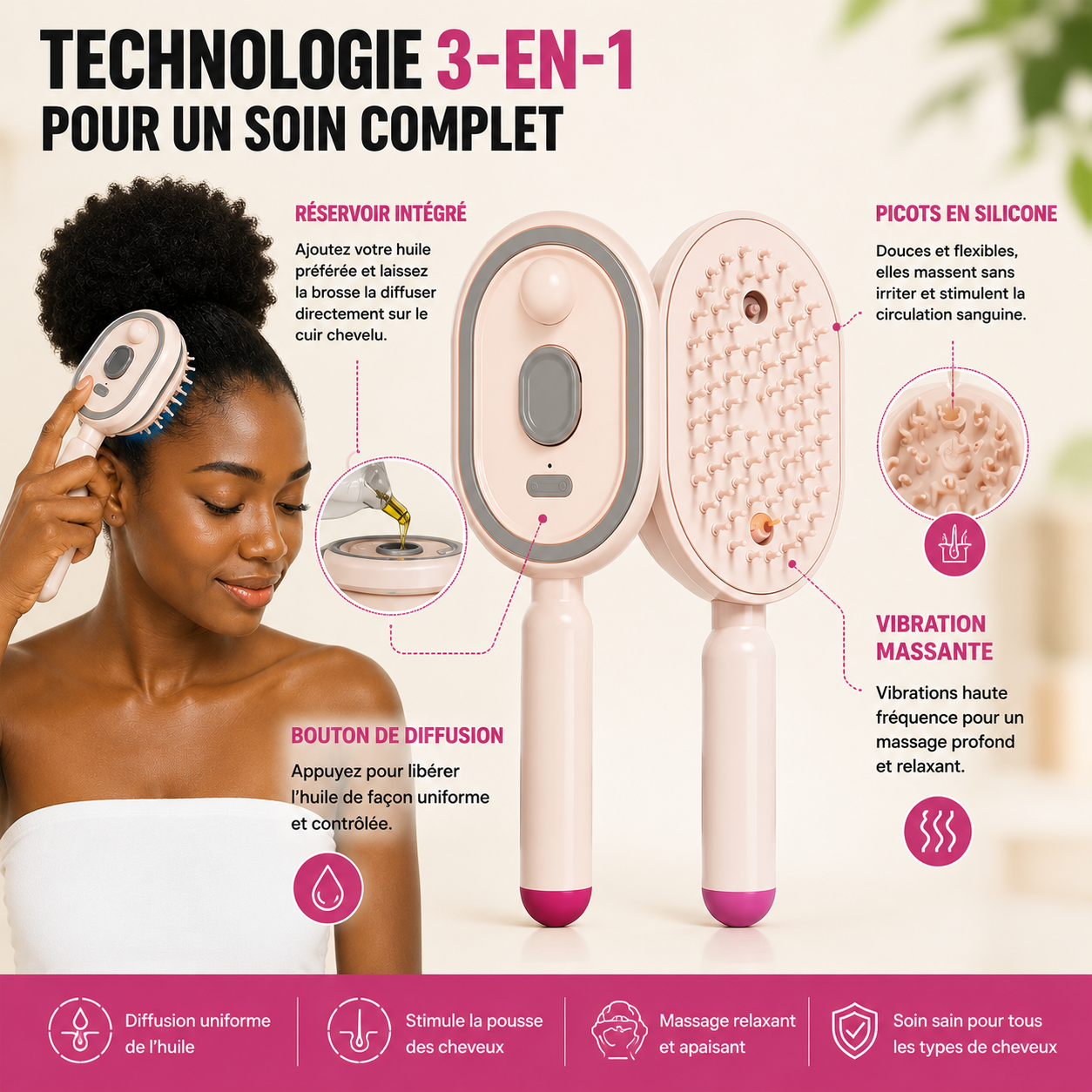 Brosse Massante 3-en-1 pour le Cuir Chevelu