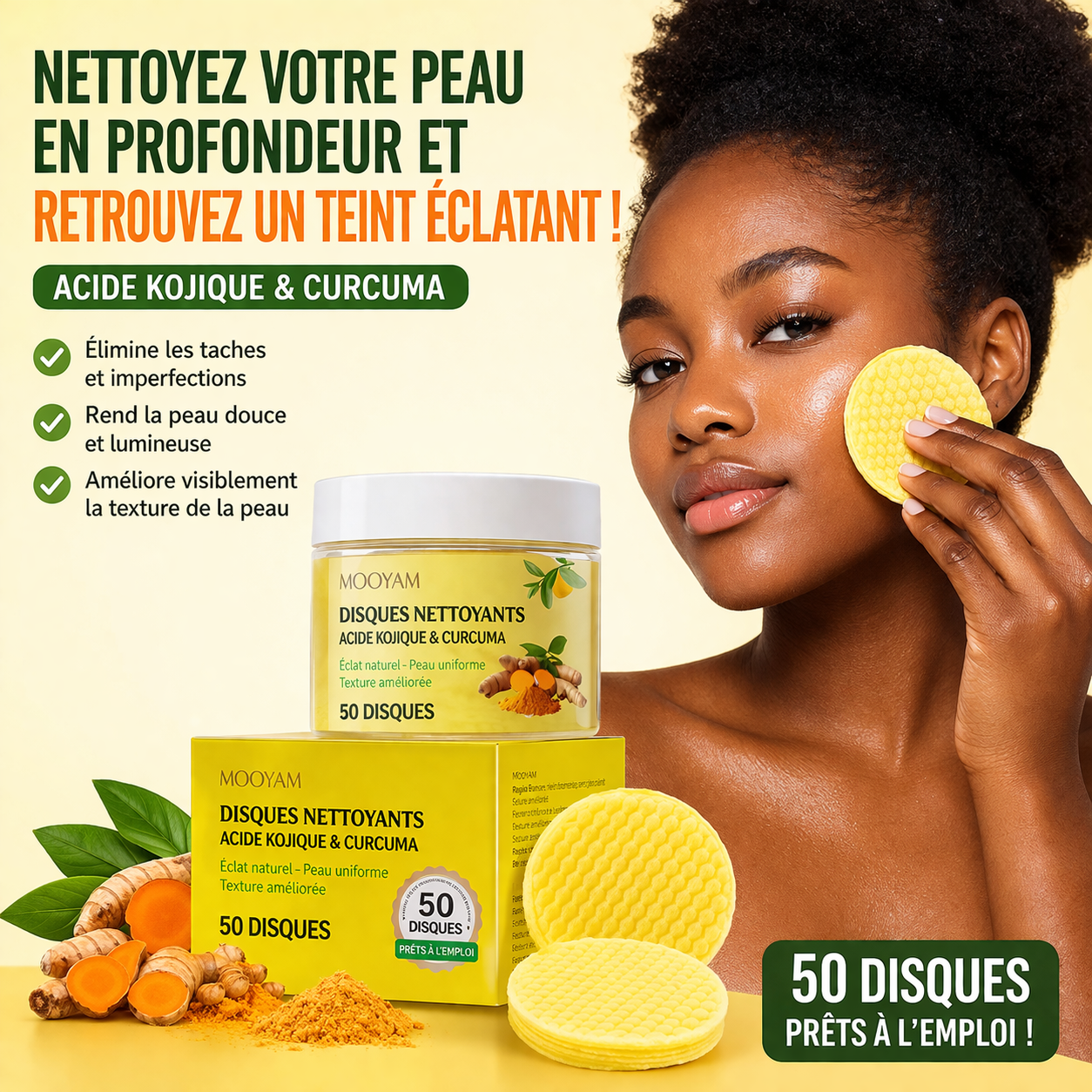 Disques Nettoyants Acide Kojique & Curcuma Peau Claire et Sans Taches dès les Premiers Jours
